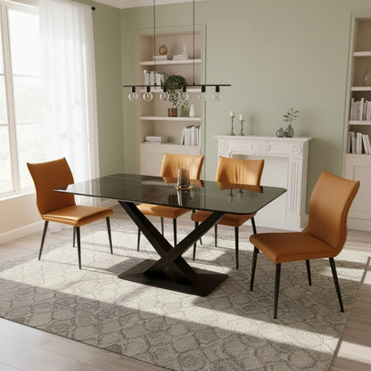 Luxury Arvid 1.6m Black Sintered Stone Dining Set Table With Tan Folke Leather Chairs