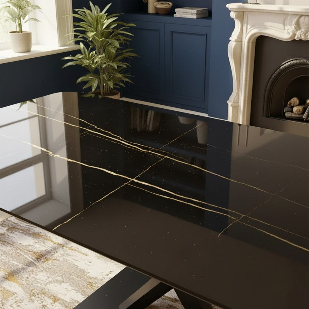 Luxury Arvid 160cm Black Sintered Stone Dining Table – Metal X Leg Stand
