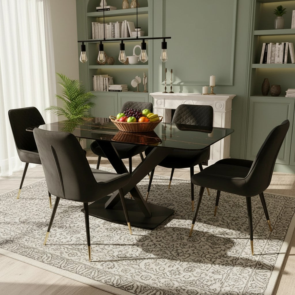 Luxury Arvid 160cm Black Sintered Stone Dining Table – Metal X Leg Stand