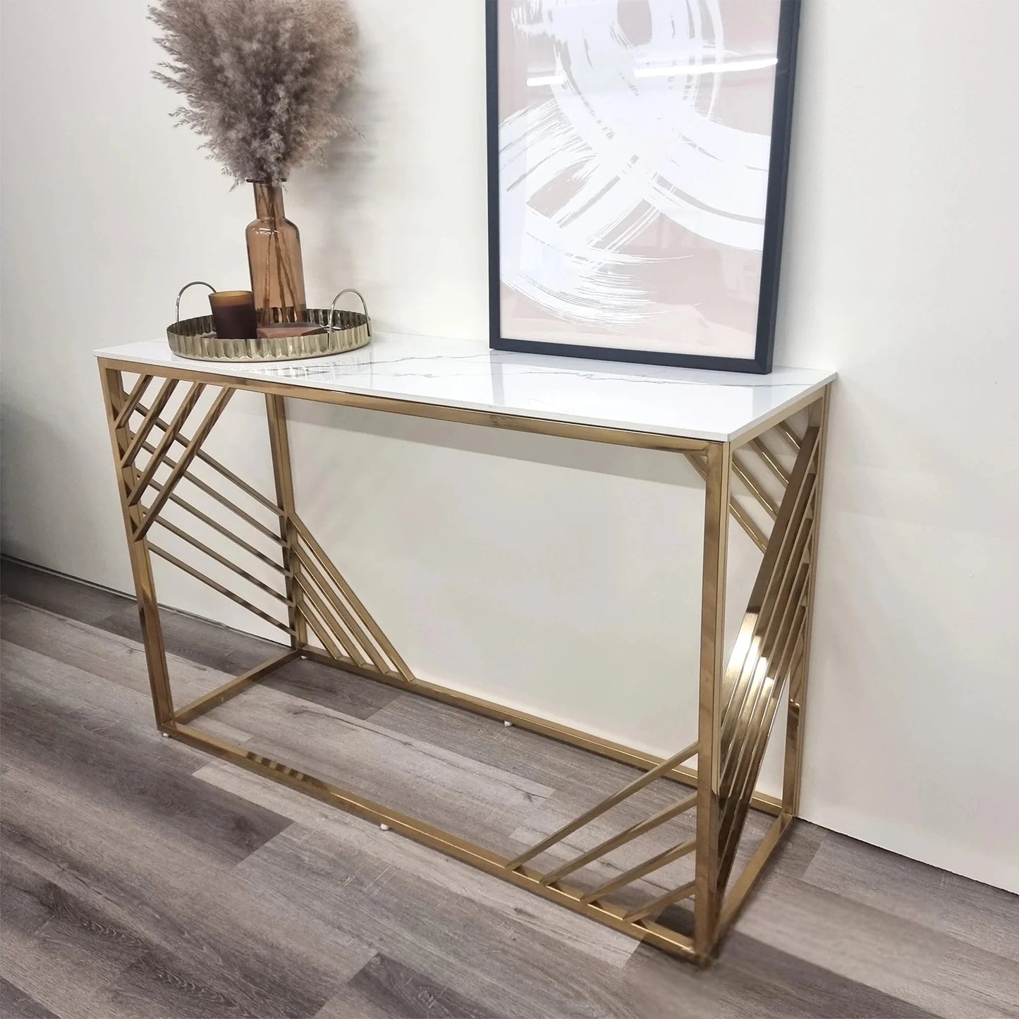 Luxury Asuka Slim Design Gold Console Table With 120x40cm Polar White Stone Top