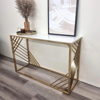 Luxury Asuka Slim Design Gold Console Table With 120x40cm Polar White Stone Top
