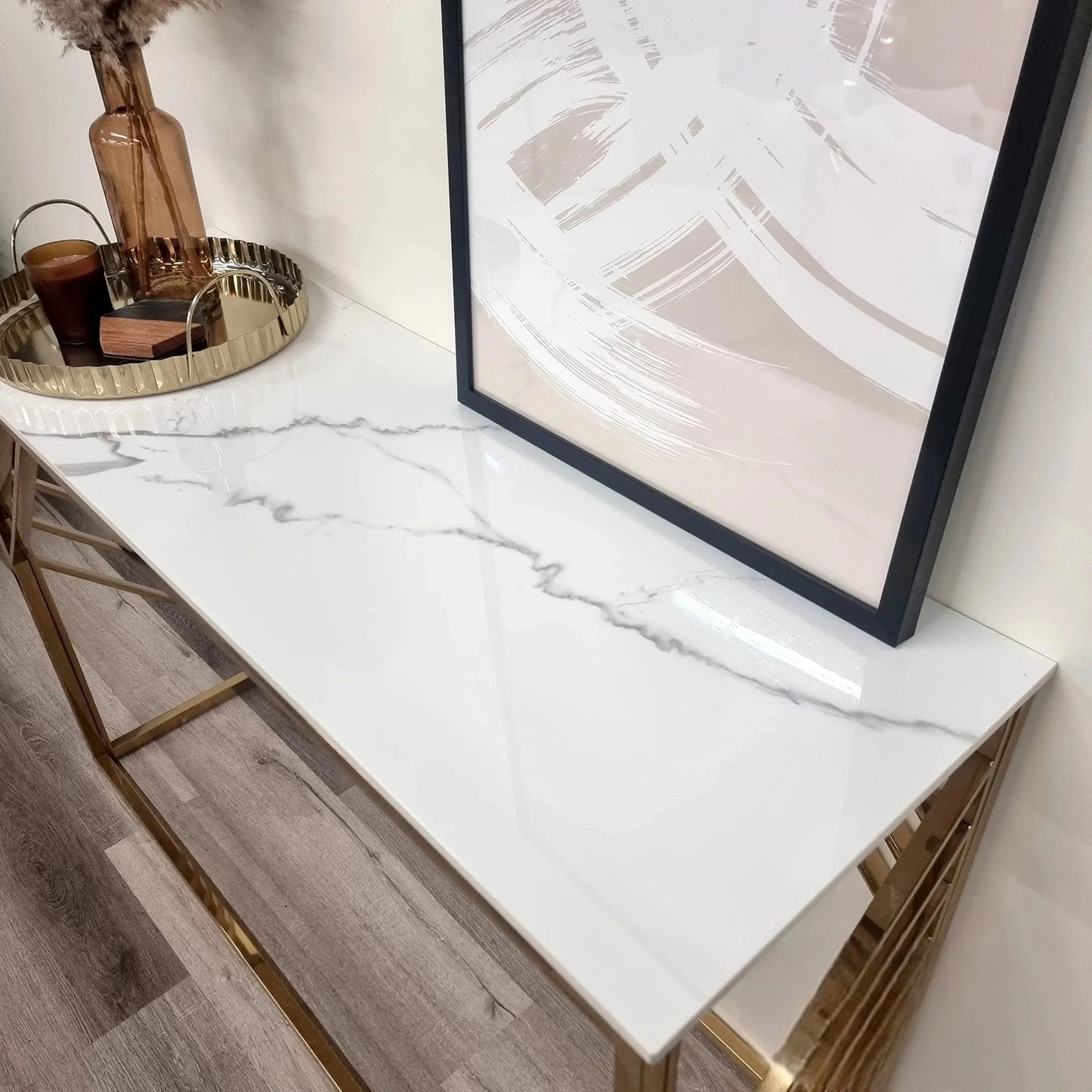 Luxury Asuka Slim Design Gold Console Table With 120x40cm Polar White Stone Top