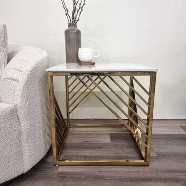 Luxury Asuka Modern Gold Side End Lamp Table With 55x55cm Polar White Sintered Stone Top