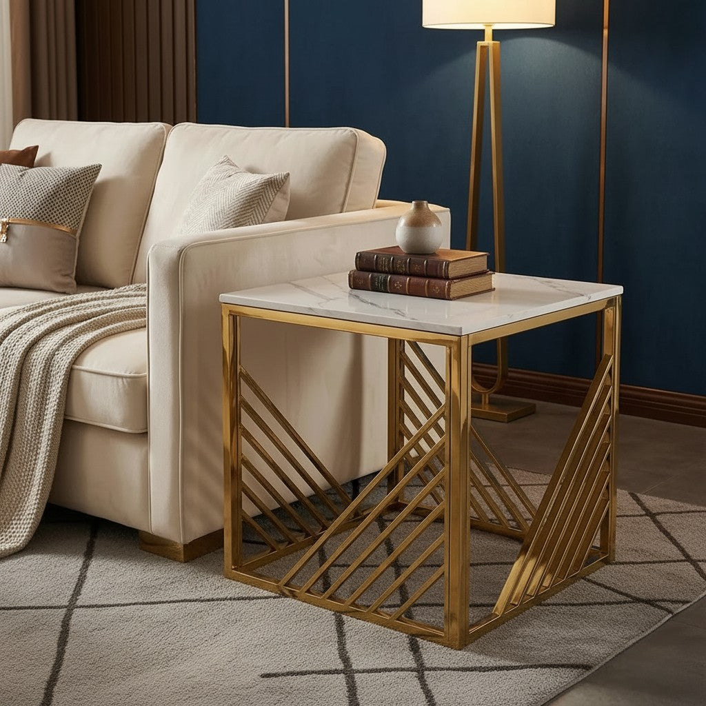 Luxury Asuka Modern Gold Side End Lamp Table With 55x55cm Polar White Sintered Stone Top