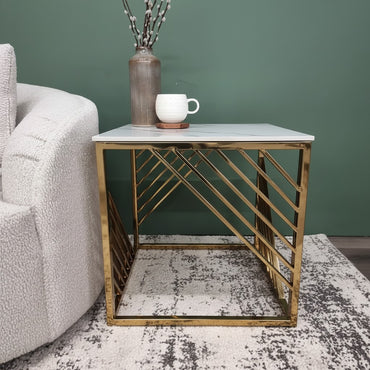 Luxury Asuka Modern Gold Side End Lamp Table With 55x55cm Polar White Sintered Stone Top