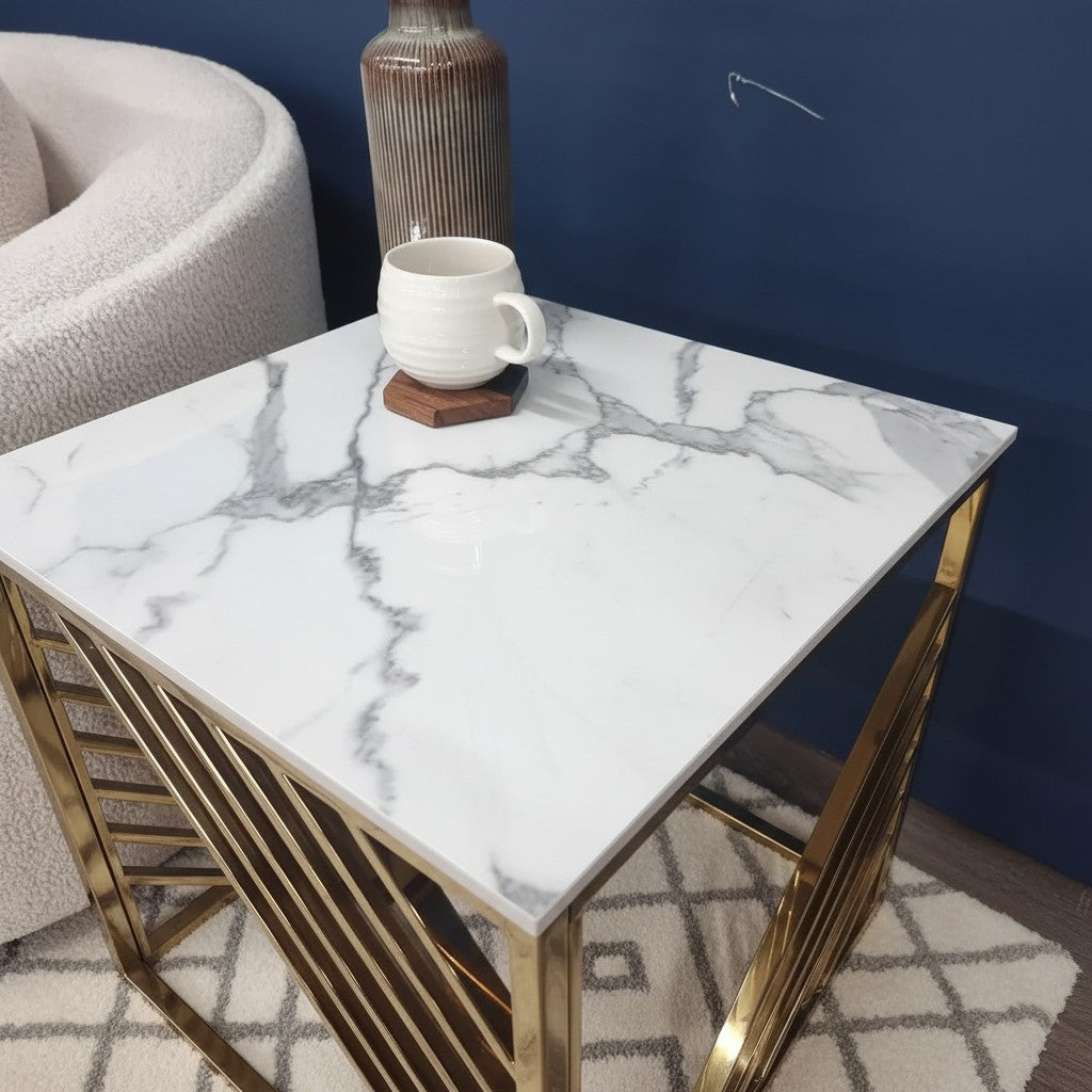 Luxury Asuka Modern Gold Side End Lamp Table With 55x55cm Polar White Sintered Stone Top