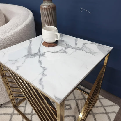 Luxury Asuka Modern Gold Side End Lamp Table With 55x55cm Polar White Sintered Stone Top