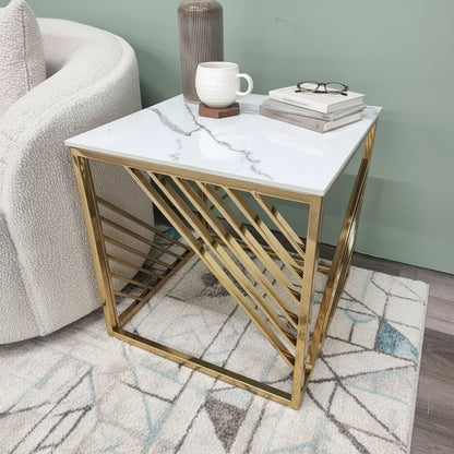 Luxury Asuka Modern Gold Side End Lamp Table With 55x55cm Polar White Sintered Stone Top
