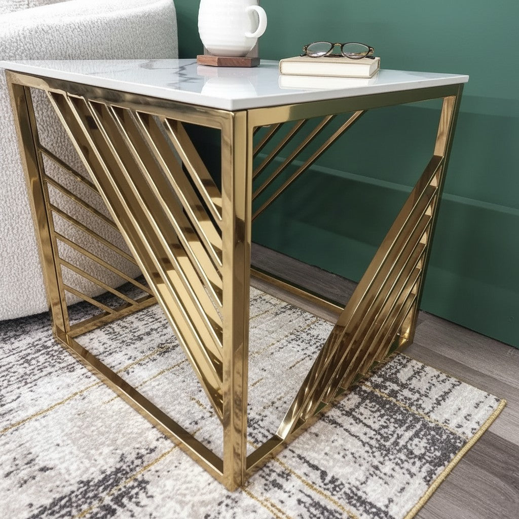 Luxury Asuka Modern Gold Side End Lamp Table With 55x55cm Polar White Sintered Stone Top