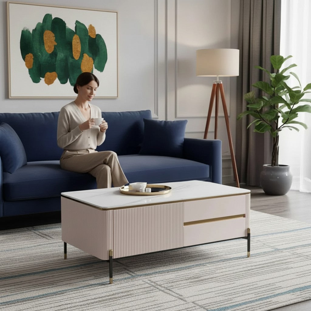 Luxury Bengt 130cm Ribbed Coffee Table With White Stone Top And 2 Drawers