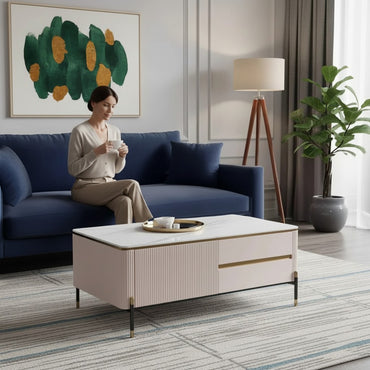 Luxury Bengt 130cm Ribbed Coffee Table With White Stone Top And 2 Drawers