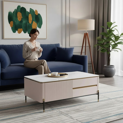 Luxury Bengt 130cm Ribbed Coffee Table With White Stone Top And 2 Drawers