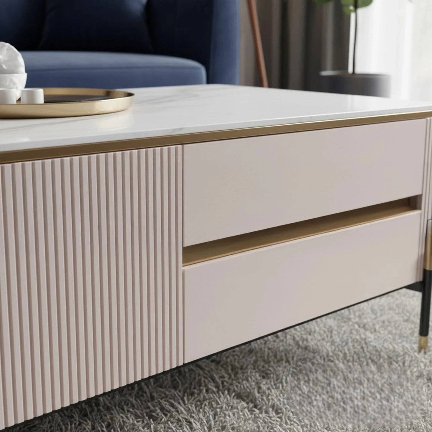 Luxury Bengt 130cm Ribbed Coffee Table With White Stone Top And 2 Drawers
