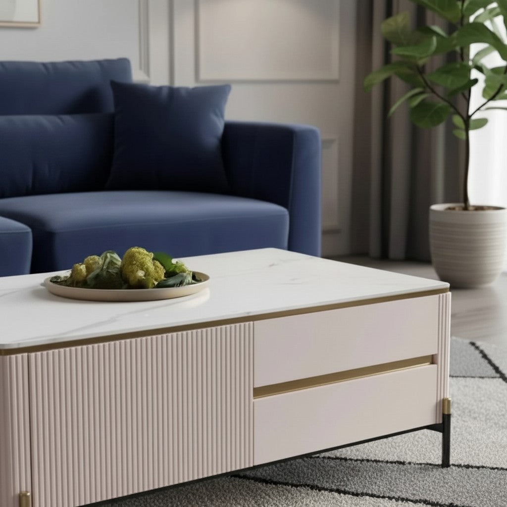 Luxury Bengt 130cm Ribbed Coffee Table With White Stone Top And 2 Drawers