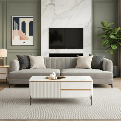 Luxury Bengt 130cm Ribbed Coffee Table With White Stone Top And 2 Drawers