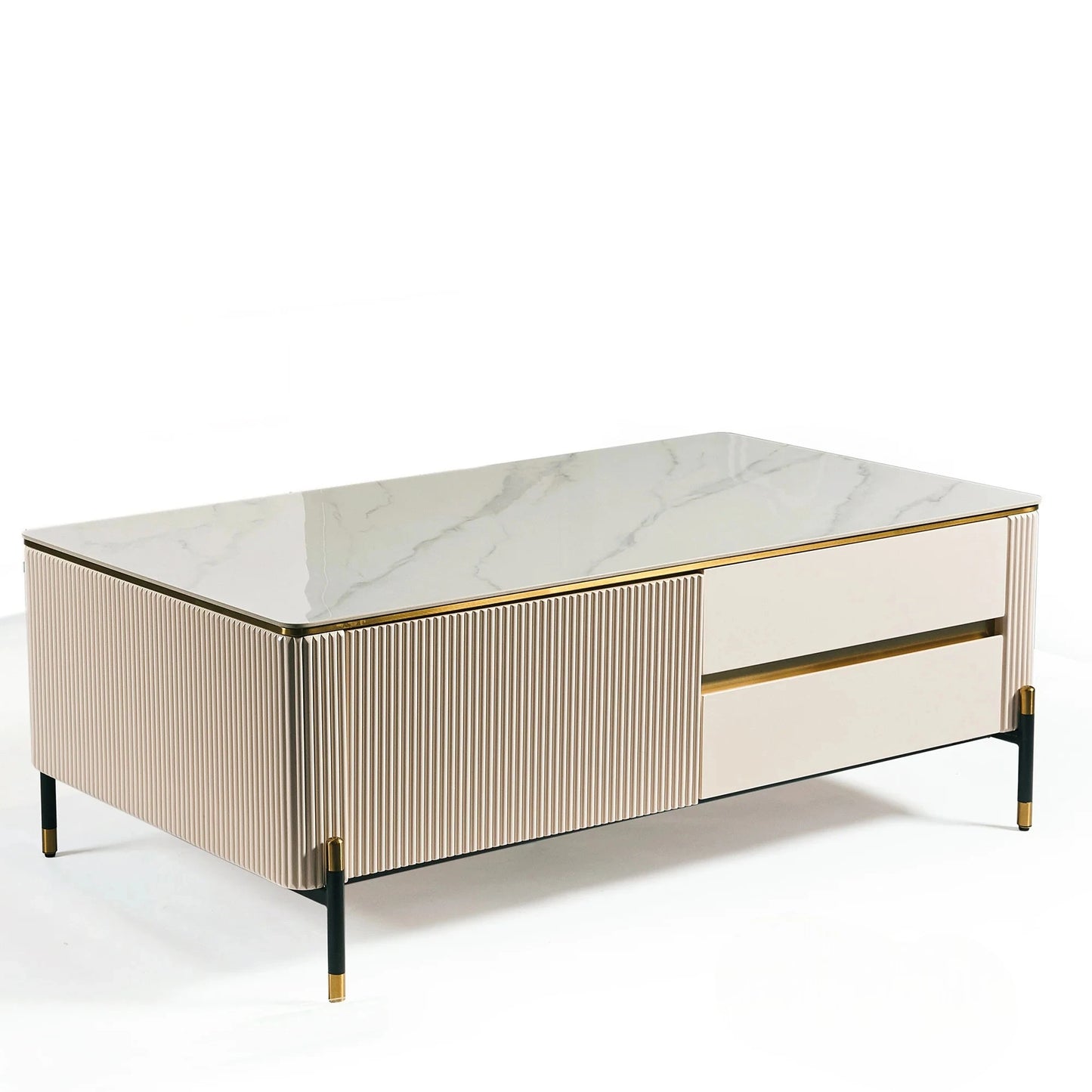 Luxury Bengt 130cm Ribbed Coffee Table With White Stone Top And 2 Drawers