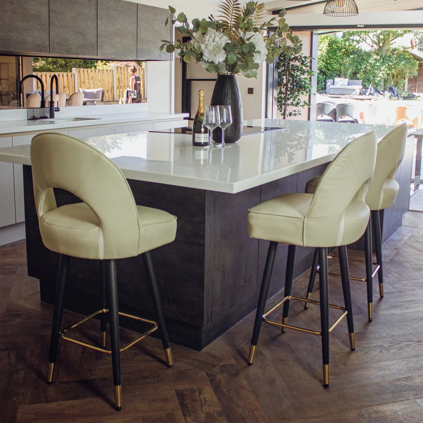 Luxury Bjorn Cream PU Leather Bar Stool With 360° Swivel And Gold Tip Legs