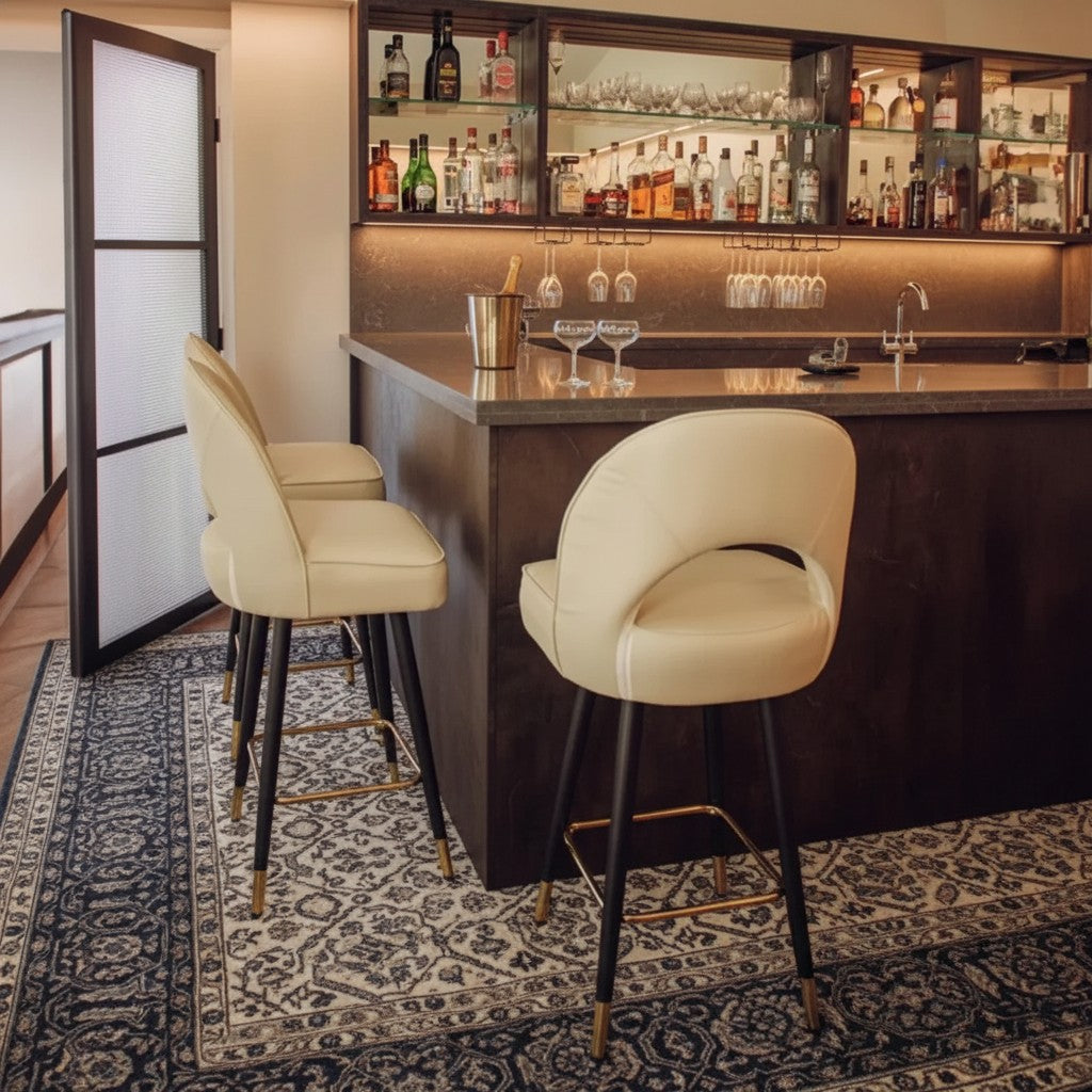 Luxury Bjorn Cream PU Leather Bar Stool With 360° Swivel And Gold Tip Legs