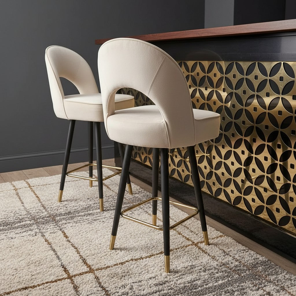 Luxury Bjorn Cream PU Velvet Bar Stool With 360° Swivel And Gold Tip Legs