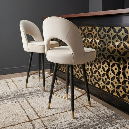 Luxury Bjorn Cream PU Velvet Bar Stool With 360° Swivel And Gold Tip Legs