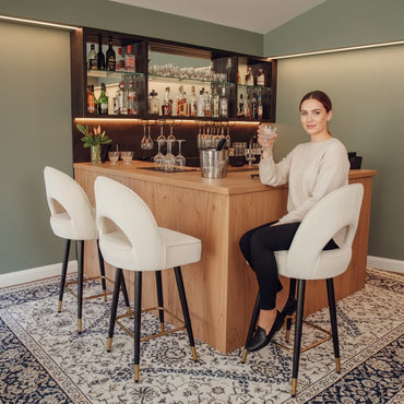 Luxury Bjorn Cream PU Velvet Bar Stool With 360° Swivel And Gold Tip Legs