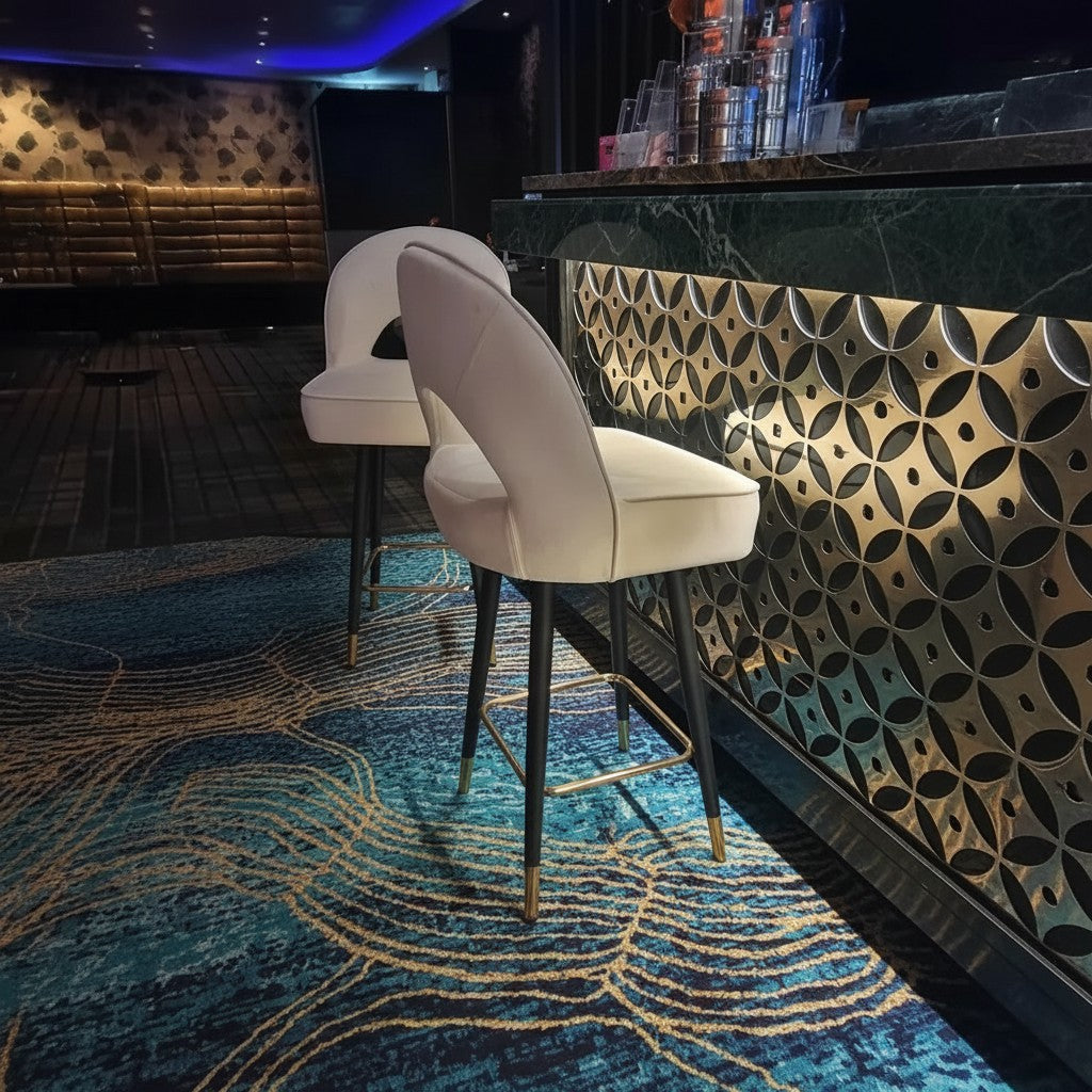 Luxury Bjorn Cream PU Velvet Bar Stool With 360° Swivel And Gold Tip Legs