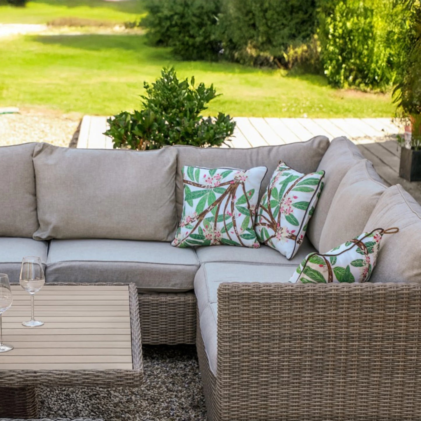 Luxury Capri Outdoor Corner Sofa Set In Beige Rattan With Riser Table And 2 Stools
