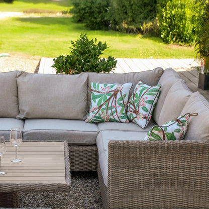 Luxury Capri Outdoor Corner Sofa Set In Beige Rattan With Riser Table And 2 Stools
