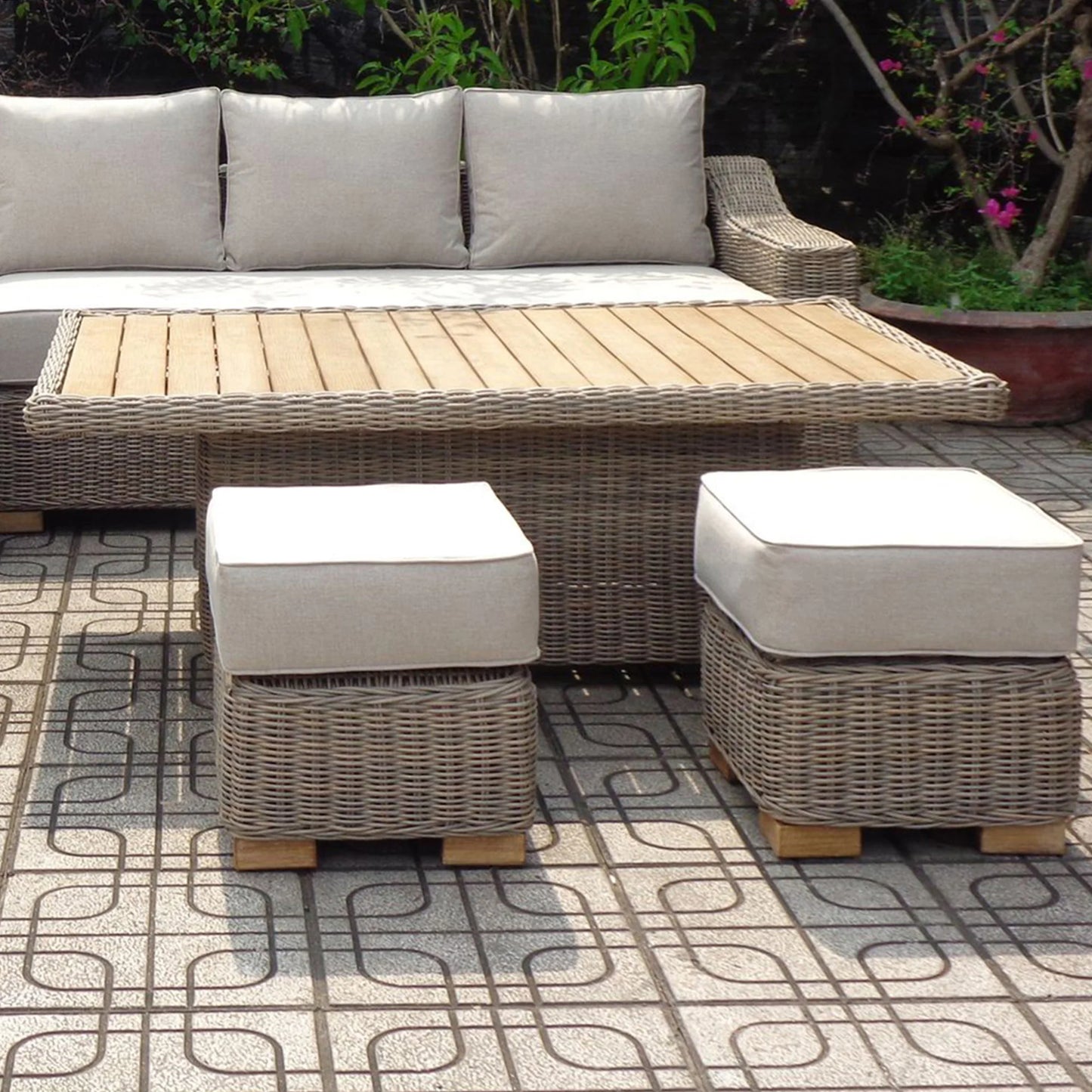Luxury Capri Outdoor Corner Sofa Set In Beige Rattan With Riser Table And 2 Stools