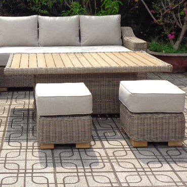 Luxury Capri Outdoor Corner Sofa Set In Beige Rattan With Riser Table And 2 Stools