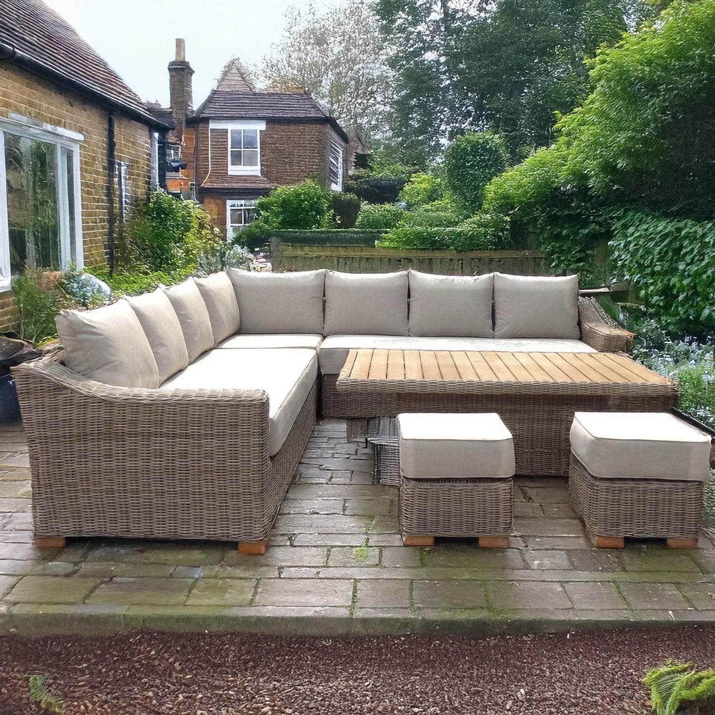 Luxury Capri Outdoor Corner Sofa Set In Beige Rattan With Riser Table And 2 Stools