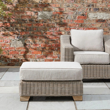 Luxury Capri Outdoor In Beige Wicker Footstool With Acacia Wood Feet And Weatherproof Cushion