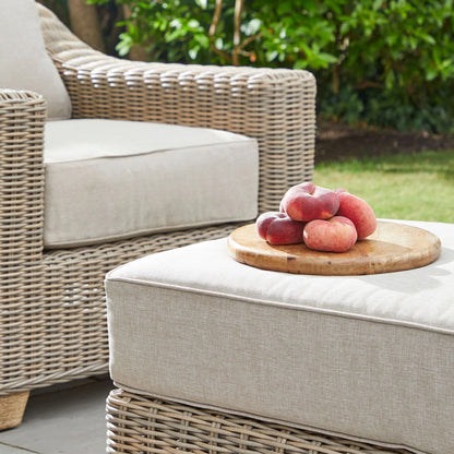 Luxury Capri Outdoor In Beige Wicker Footstool With Acacia Wood Feet And Weatherproof Cushion