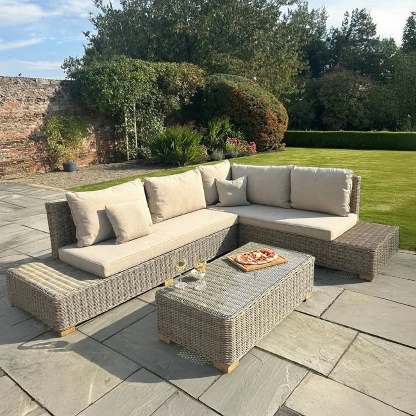 Luxury Capri Outdoor Large Corner Sofa Set In Beige Rattan Effect With Glass Coffee Table