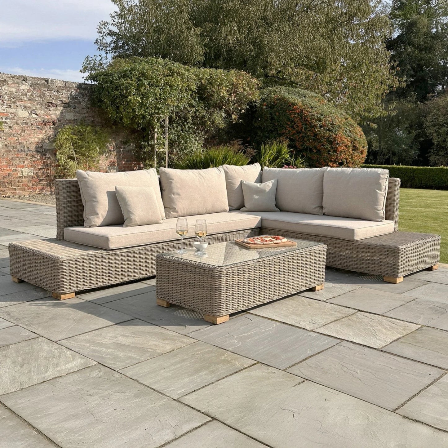 Luxury Capri Outdoor Large Corner Sofa Set In Beige Rattan Effect With Glass Coffee Table
