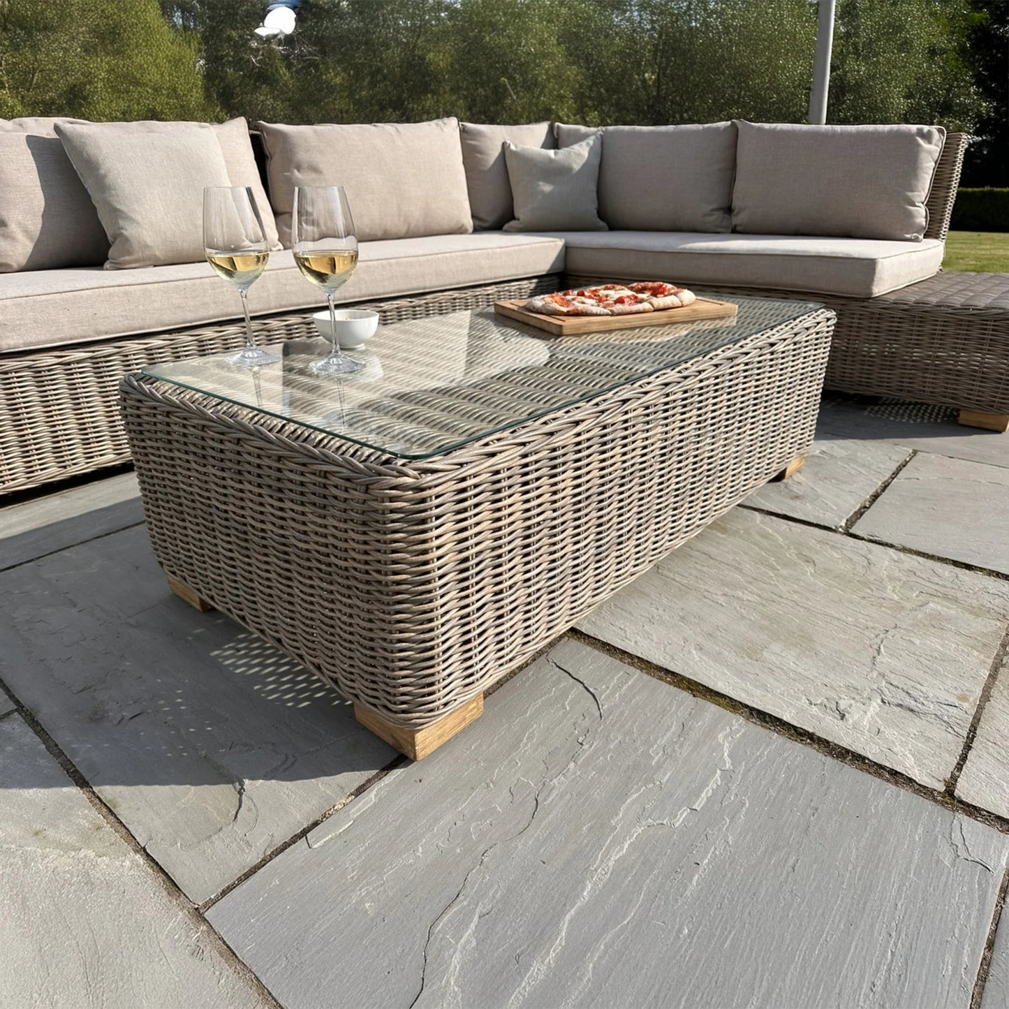 Luxury Capri Outdoor Large Corner Sofa Set In Beige Rattan Effect With Glass Coffee Table