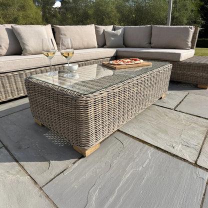 Luxury Capri Outdoor Large Corner Sofa Set In Beige Rattan Effect With Glass Coffee Table