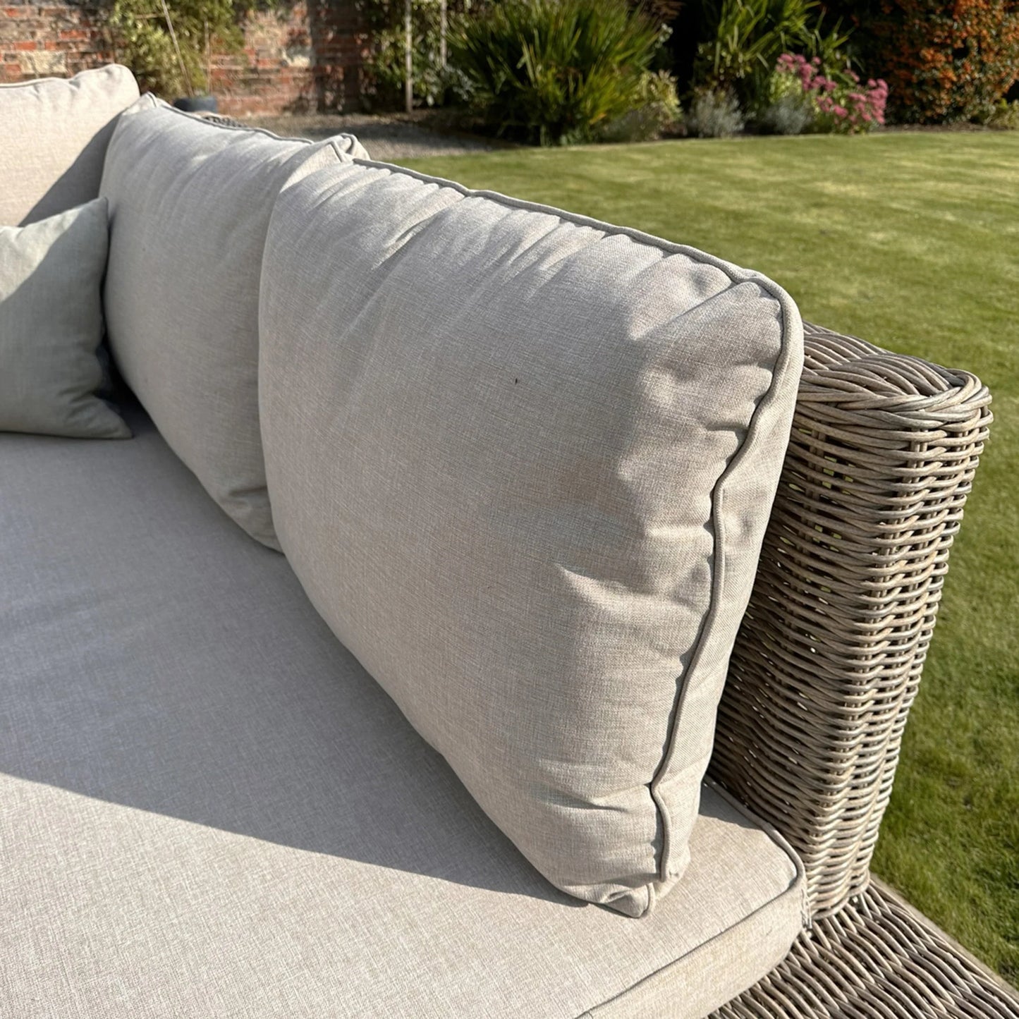 Luxury Capri Outdoor Large Corner Sofa Set In Beige Rattan Effect With Glass Coffee Table