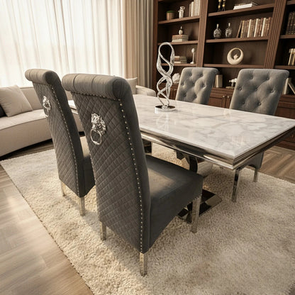 Luxury Einar Dark Grey Velvet Dining Chair With Scroll Top Quilted Back And Chrome Lion Knocker