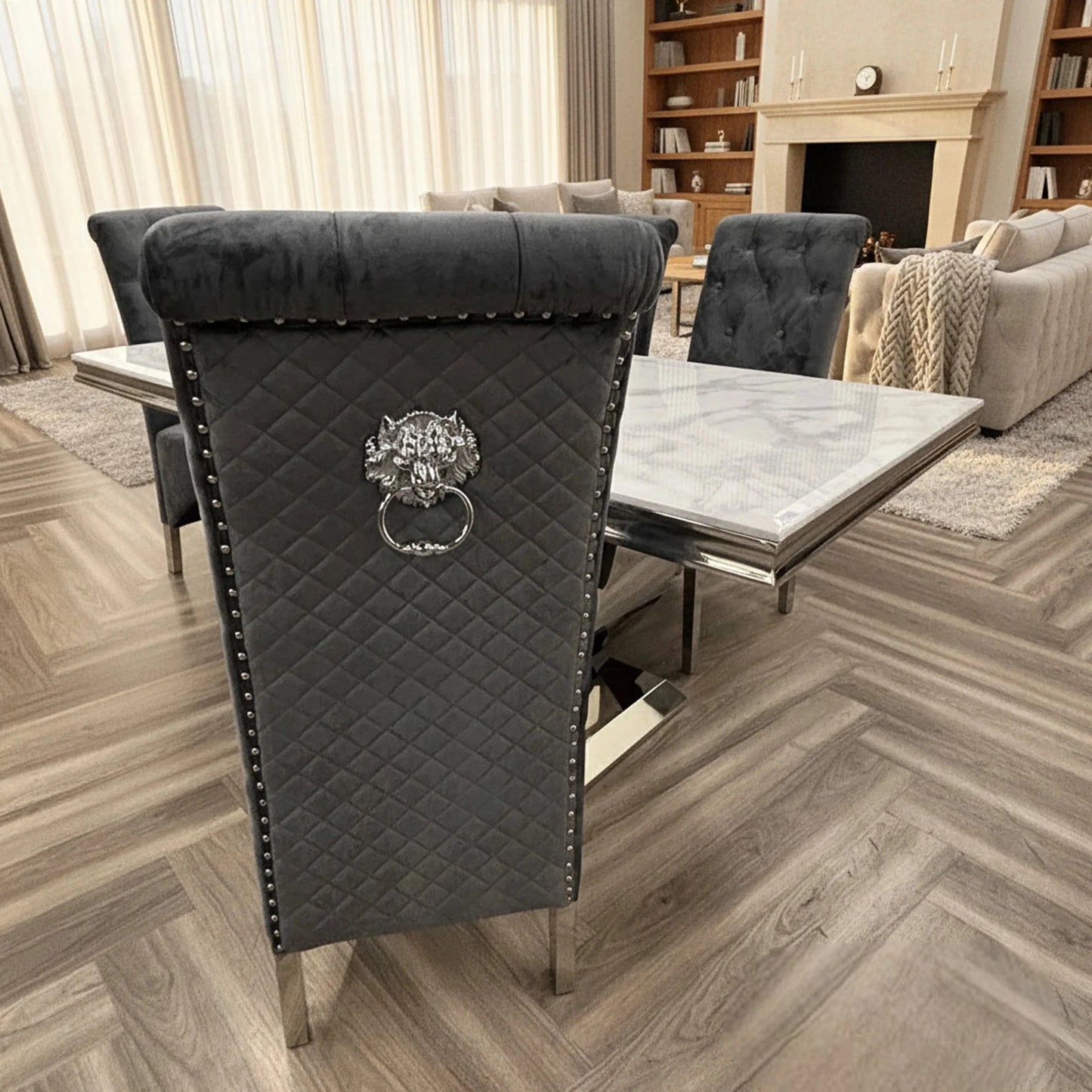 Luxury Einar Dark Grey Velvet Dining Chair With Scroll Top Quilted Back And Chrome Lion Knocker
