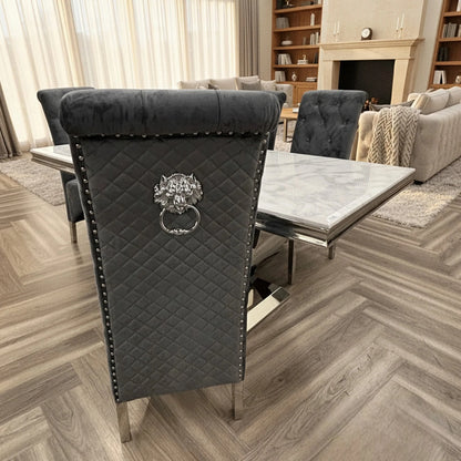 Luxury Einar Dark Grey Velvet Dining Chair With Scroll Top Quilted Back And Chrome Lion Knocker