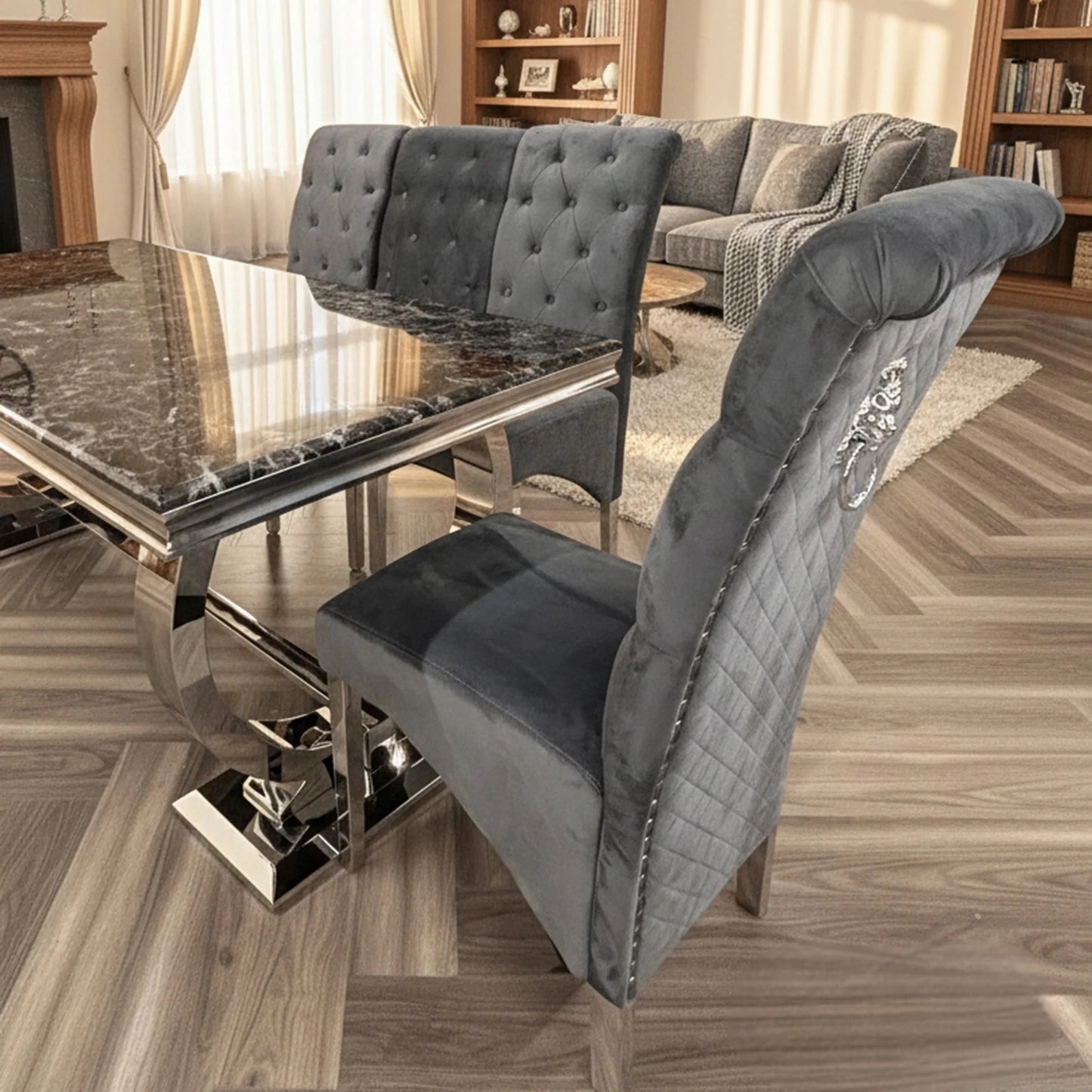 Luxury Einar Dark Grey Velvet Dining Chair With Scroll Top Quilted Back And Chrome Lion Knocker