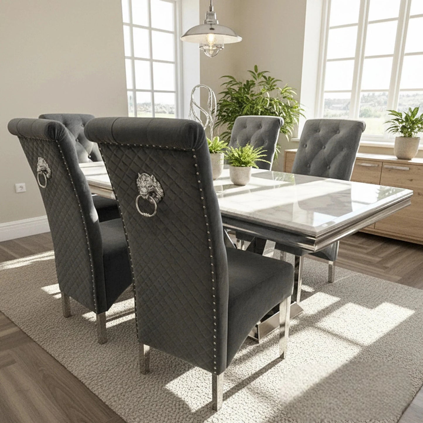 Luxury Einar Dark Grey Velvet Dining Chair With Scroll Top Quilted Back And Chrome Lion Knocker