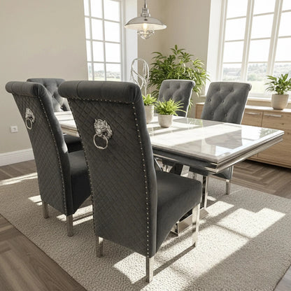 Luxury Einar Dark Grey Velvet Dining Chair With Scroll Top Quilted Back And Chrome Lion Knocker