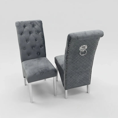 Luxury Einar Dark Grey Velvet Dining Chair With Scroll Top Quilted Back And Chrome Lion Knocker