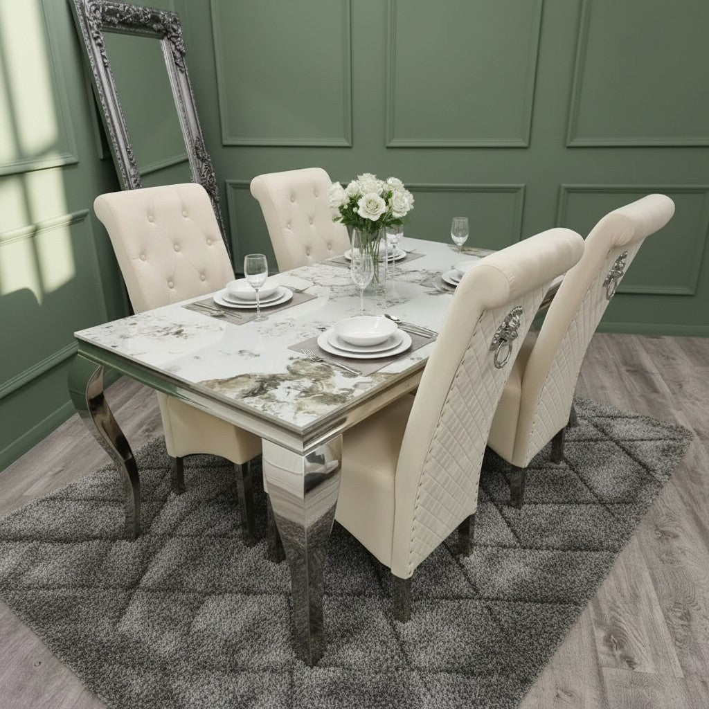 Luxury Einar Dark Grey Velvet Dining Chair With Scroll Top Quilted Back And Chrome Lion Knocker