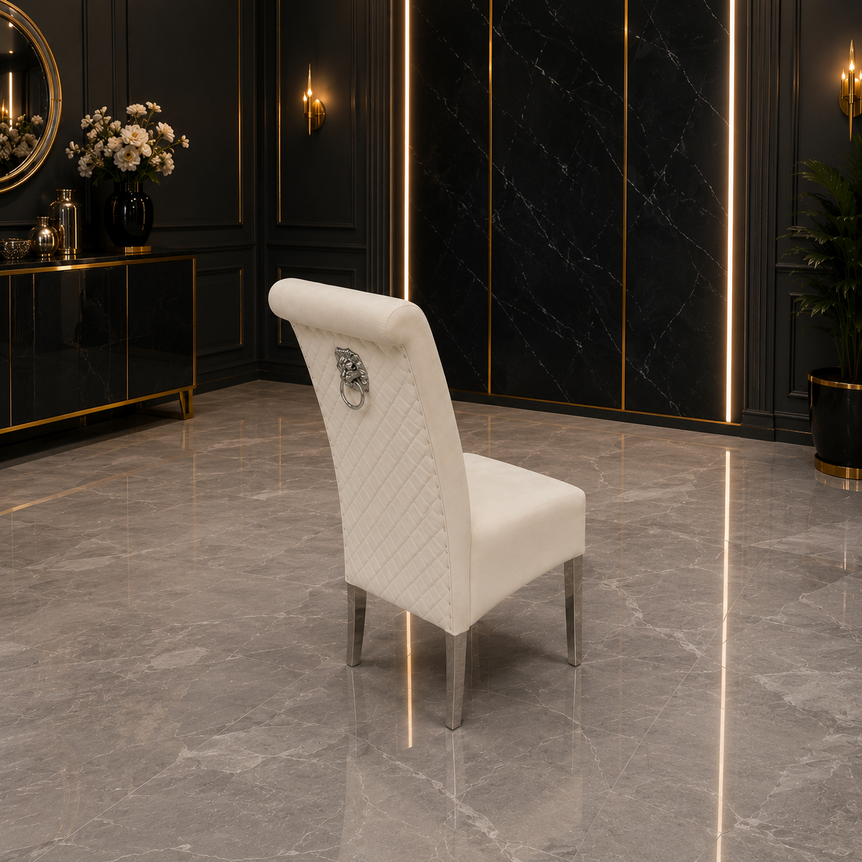 Luxury Einar Dark Grey Velvet Dining Chair With Scroll Top Quilted Back And Chrome Lion Knocker
