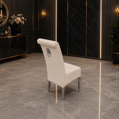 Luxury Einar Dark Grey Velvet Dining Chair With Scroll Top Quilted Back And Chrome Lion Knocker