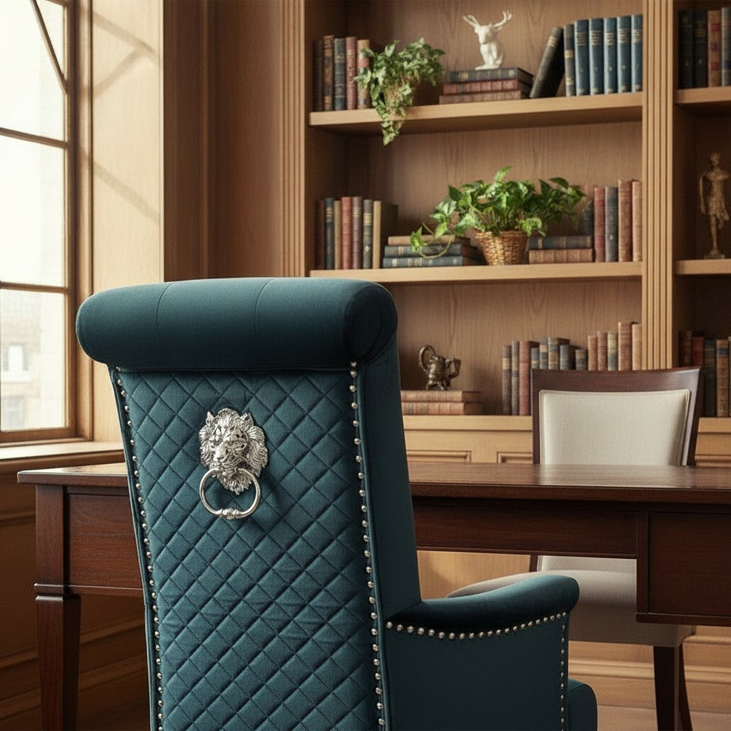 Luxury Einar Dark Grey Velvet Dining Chair With Scroll Top Quilted Back And Chrome Lion Knocker