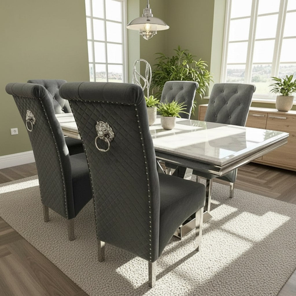 Luxury Einar Dark Grey Velvet Dining Chair With Scroll Top Quilted Back And Chrome Lion Knocker